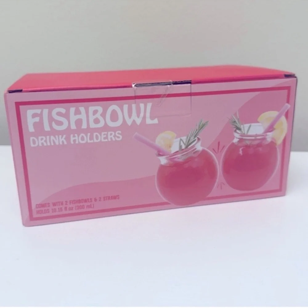 New! Set of 2 Fishbowl Glass Tumblers, Each- 10oz w/ straw